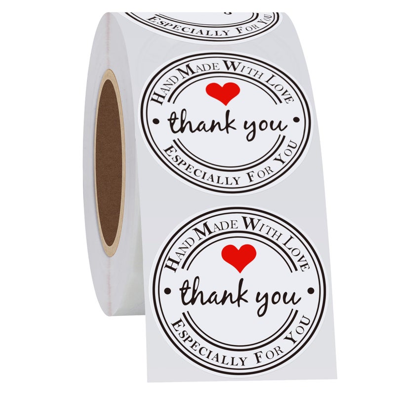 Hybsk White Gloss Thank You Hand Made with Love with Red Heart Stickers 1.5" Inch Round Total 500 Adhesive Labels Per Roll (White Gloss) - Image 4